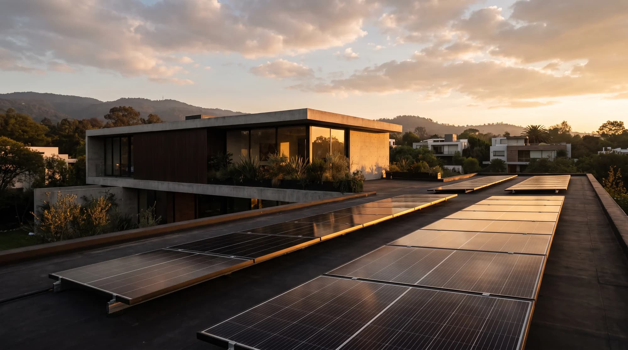 Casa moderna con paneles solares Asterion Energy al atardecer