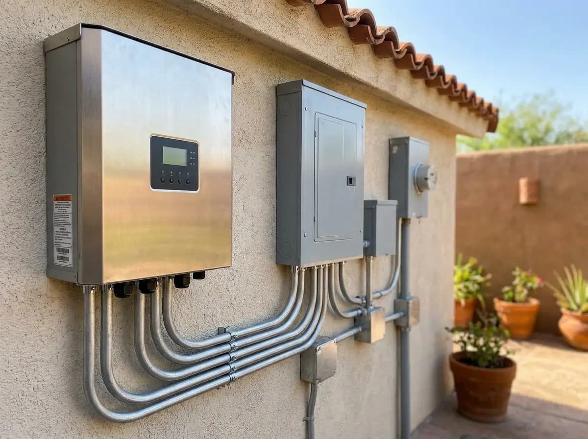 Inversor y tablero eléctrico instalados en el muro exterior de una vivienda