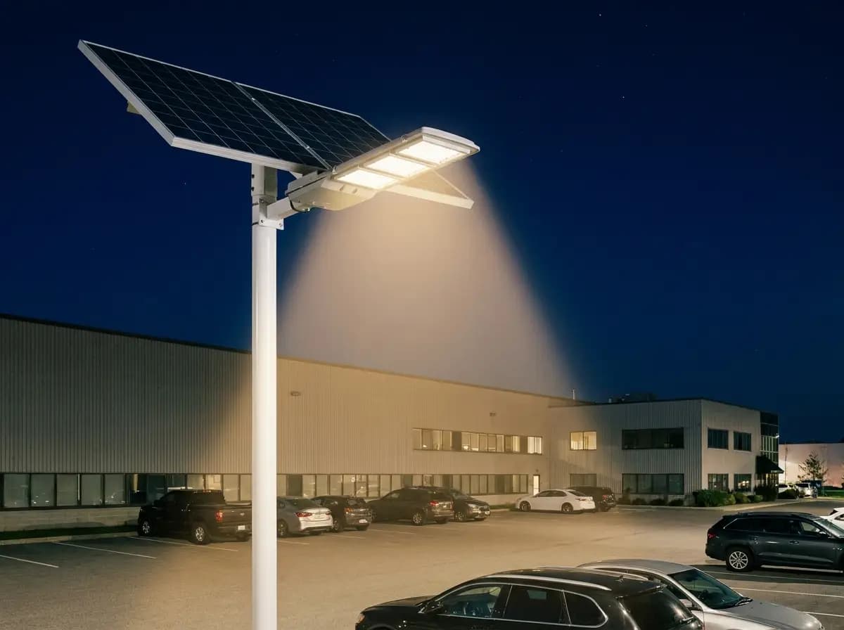 Luminaria solar iluminando un estacionamiento por la noche