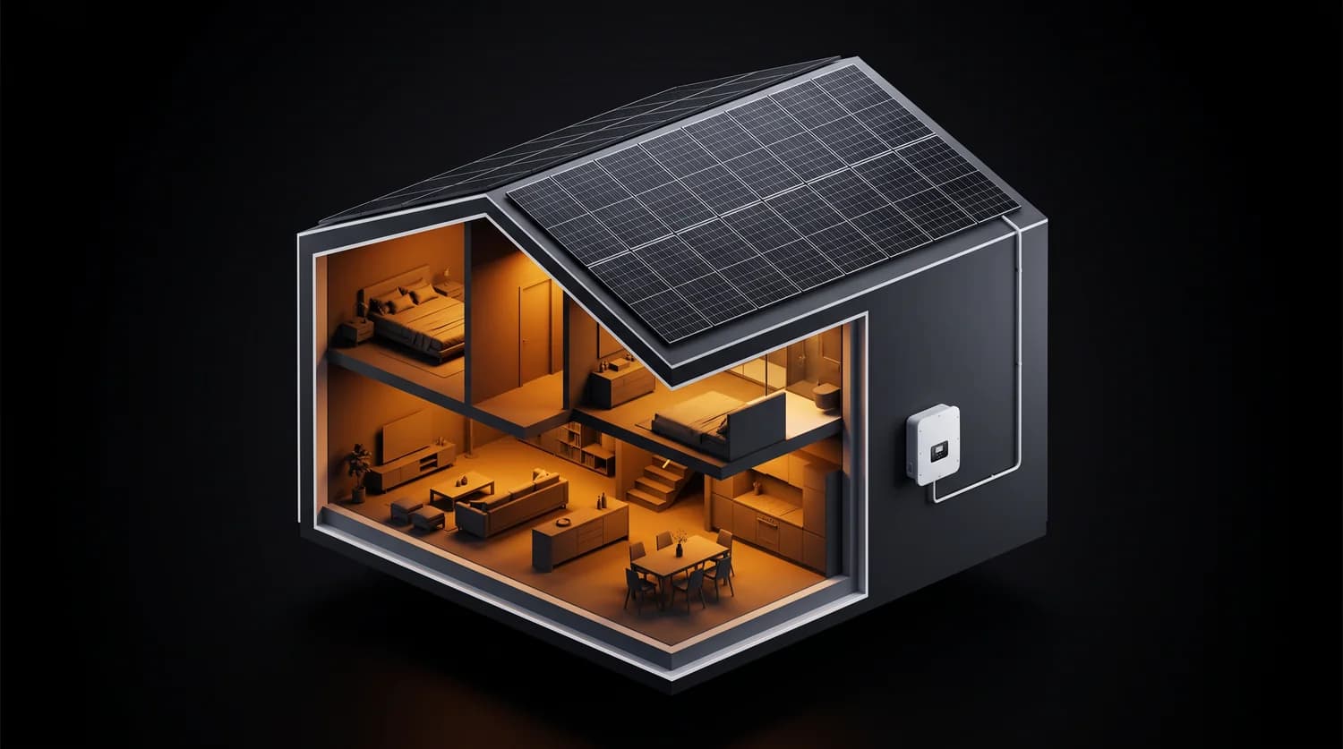 Casa en corte con paneles solares en el techo e inversor en el muro