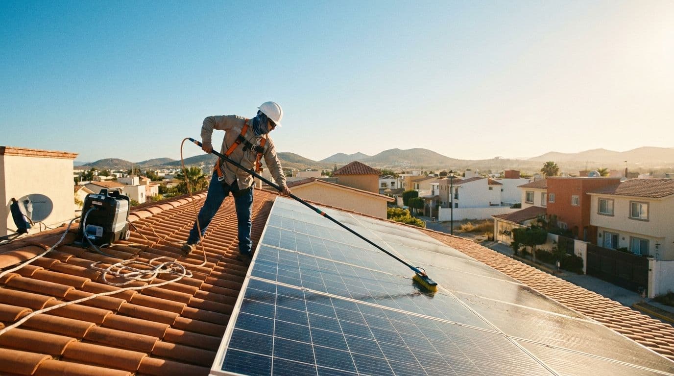 Técnico instalando paneles solares en un techo