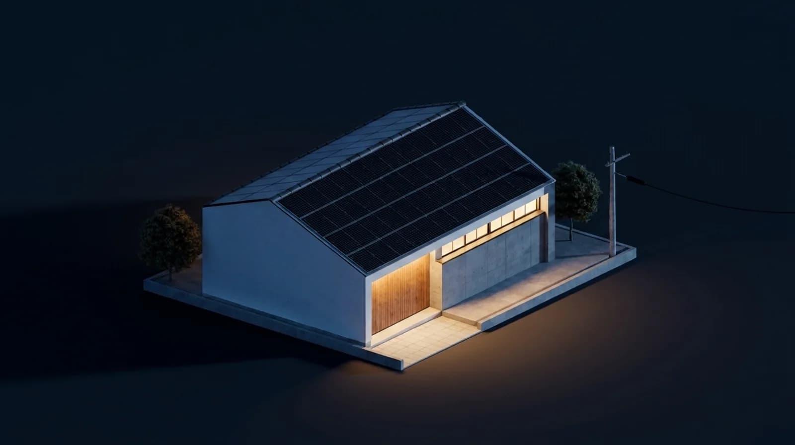 Casa con paneles solares al anochecer
