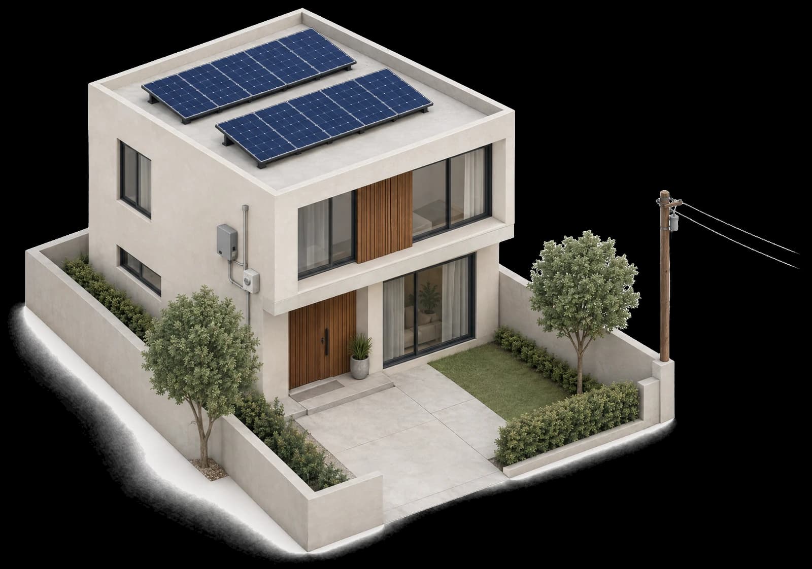 Ilustración isométrica de una casa con paneles solares, inversor y medidor bidireccional