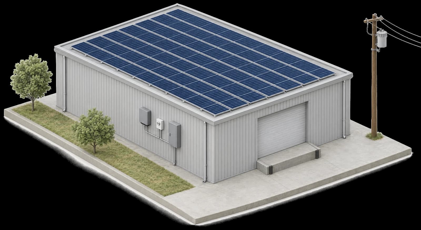Ilustración isométrica de una nave industrial con su arreglo solar, inversor y acometida