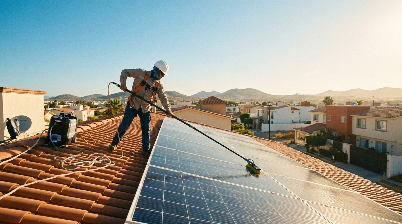 Técnico realizando mantenimiento a paneles solares